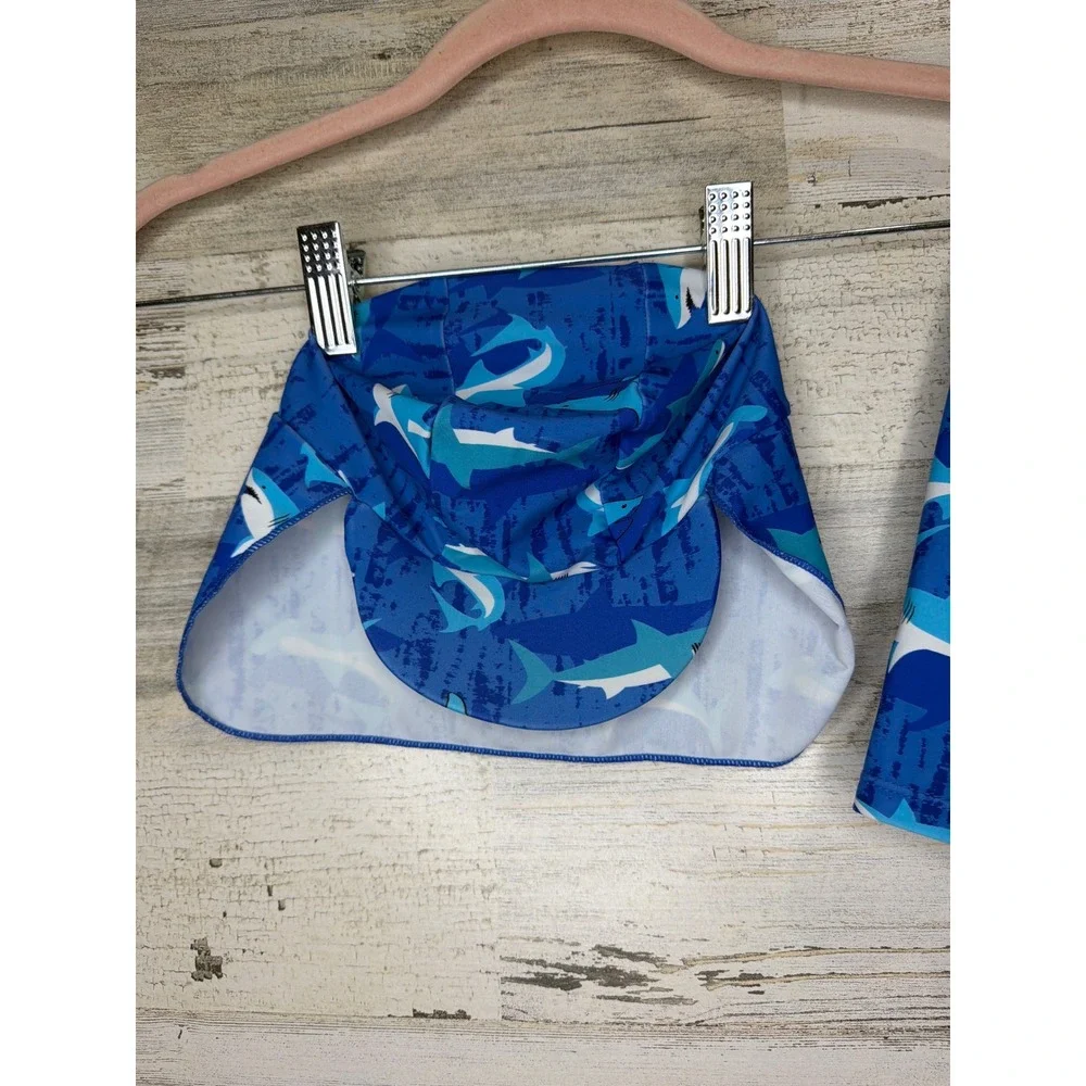 Up and Fast Swimsuit Boys 18-24M Blue Shark Rash Guard Hat Set Sharkcore EUC